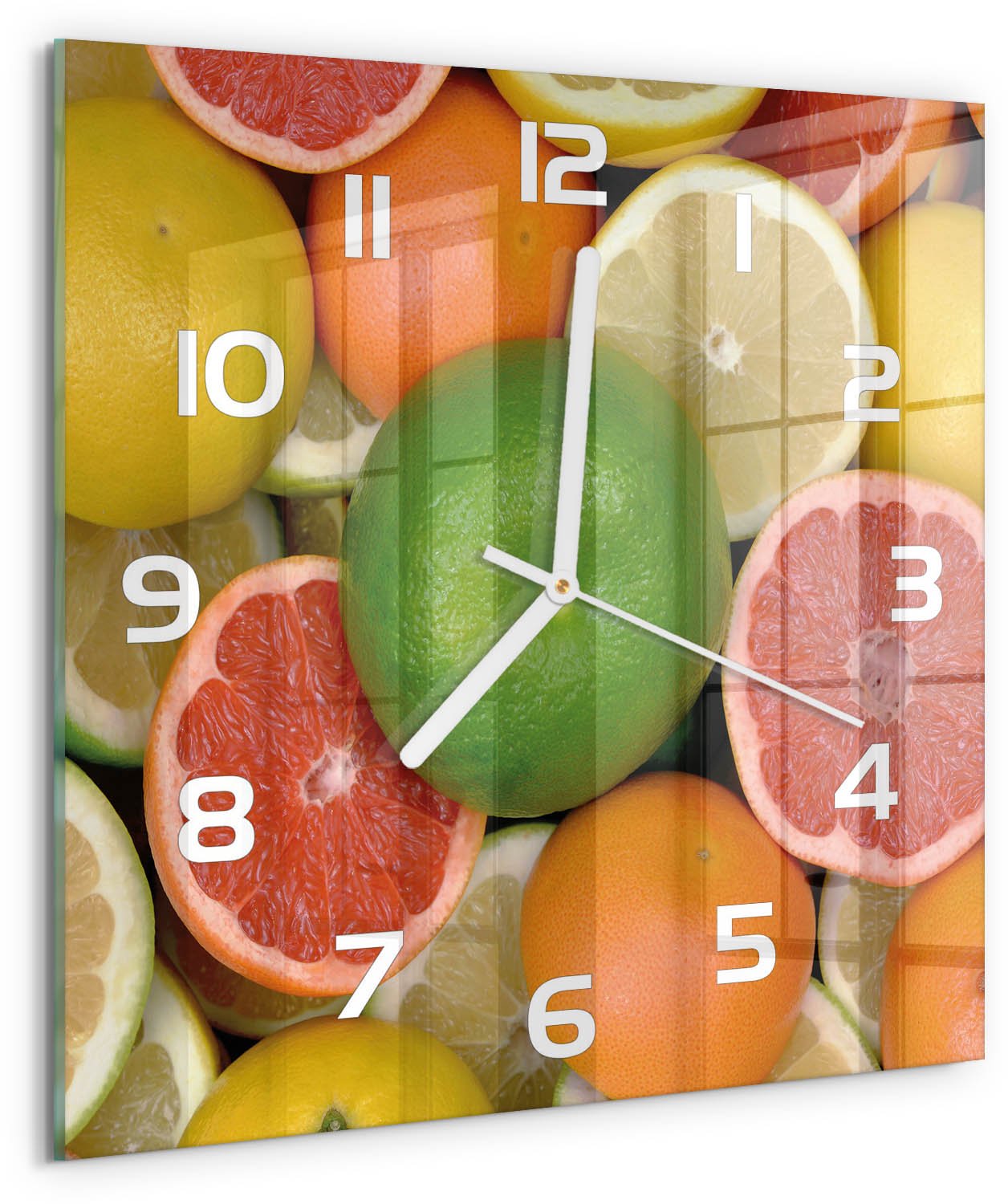 Tulup Wandklok - Citrusvruchten Decoratieve Glazen Klok - 30x30 cm - Veelkleurig Glazen Wandklok Design - Witte handen - Vierkante Klok - Glazen Klok Met Print - Wandklok Glas Met Motief