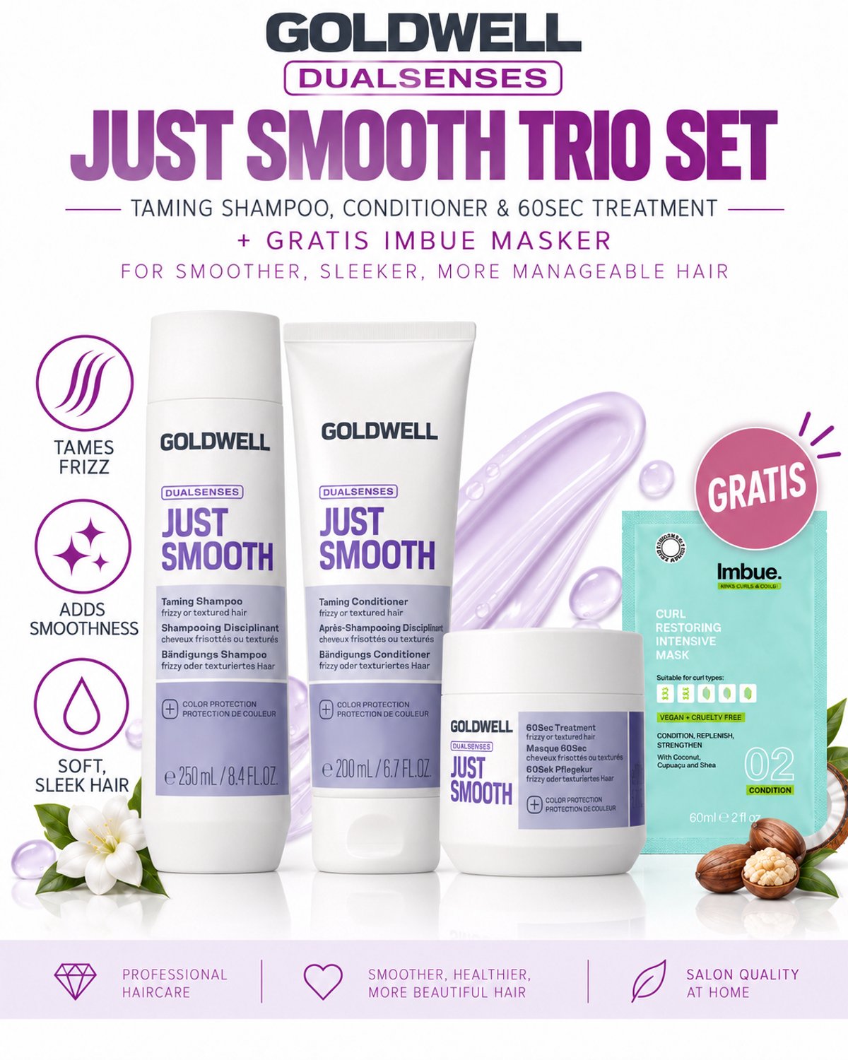 Goldwell Dualsenses Just Smooth Shampoo, Conditioner & 60Sec Treatment + Gratis Imbue Masker