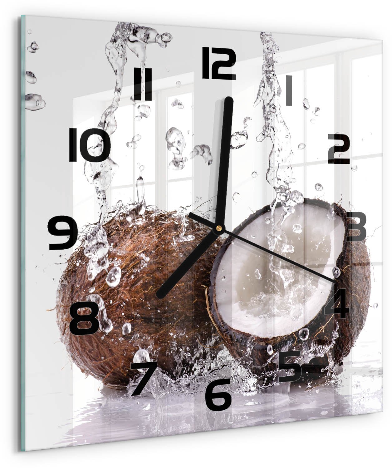 TULUP Wandklok - Kokosnoot en water Klok Glas Met Opdruk - 30x30 cm - Bruin Moderne Wandklok Glas - Zwarte handen - Vierkante Klok - Decoratieve Glazen Klok - Glazen Wandklok Design