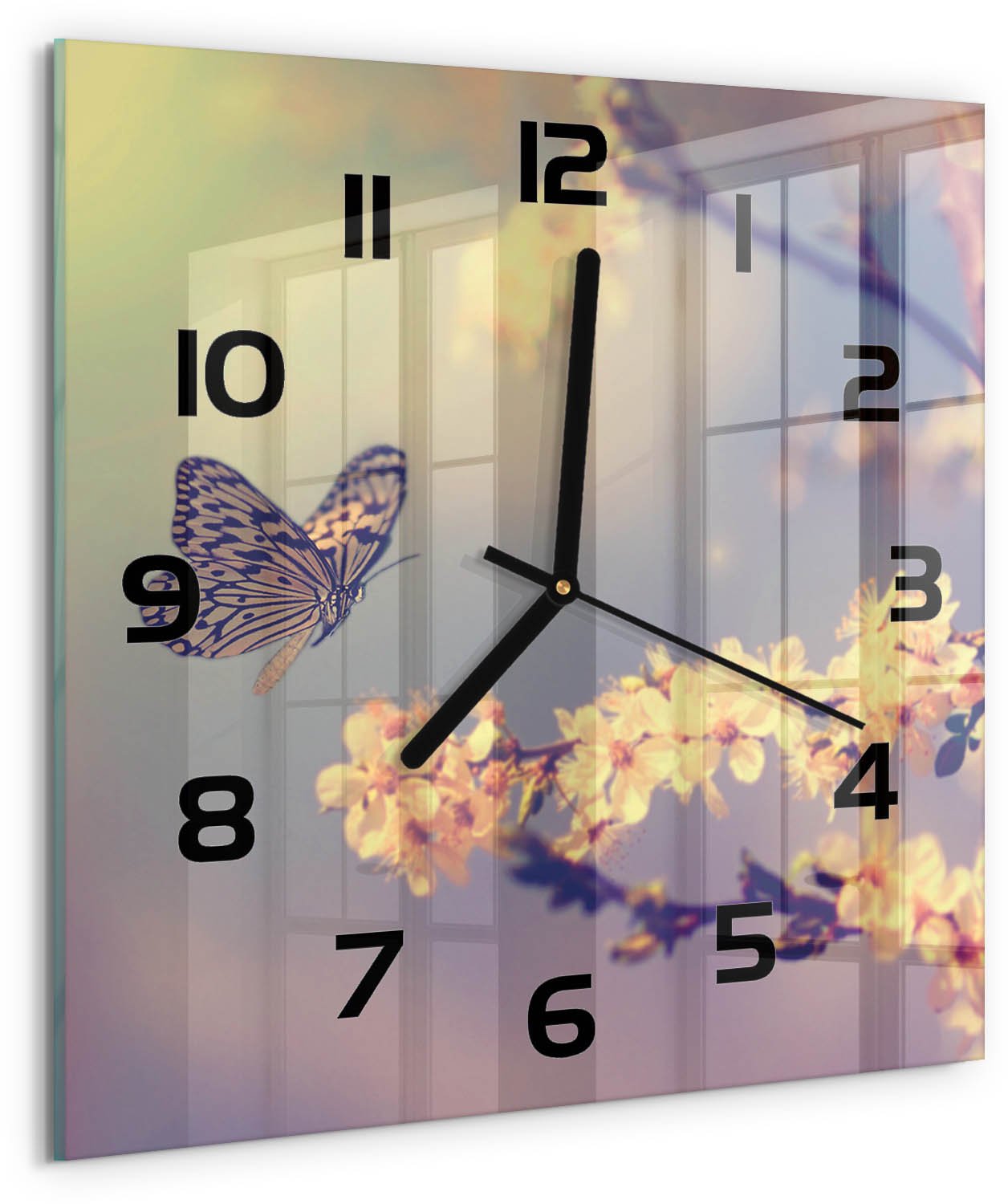 TULUP Wandklok - Kersenbloesem en vlinder Klok Glas Met Opdruk - 30x30 cm - Veelkleurig Moderne Wandklok Glas - Zwarte handen - Vierkante Klok - Decoratieve Glazen Klok - Glazen Wandklok Design