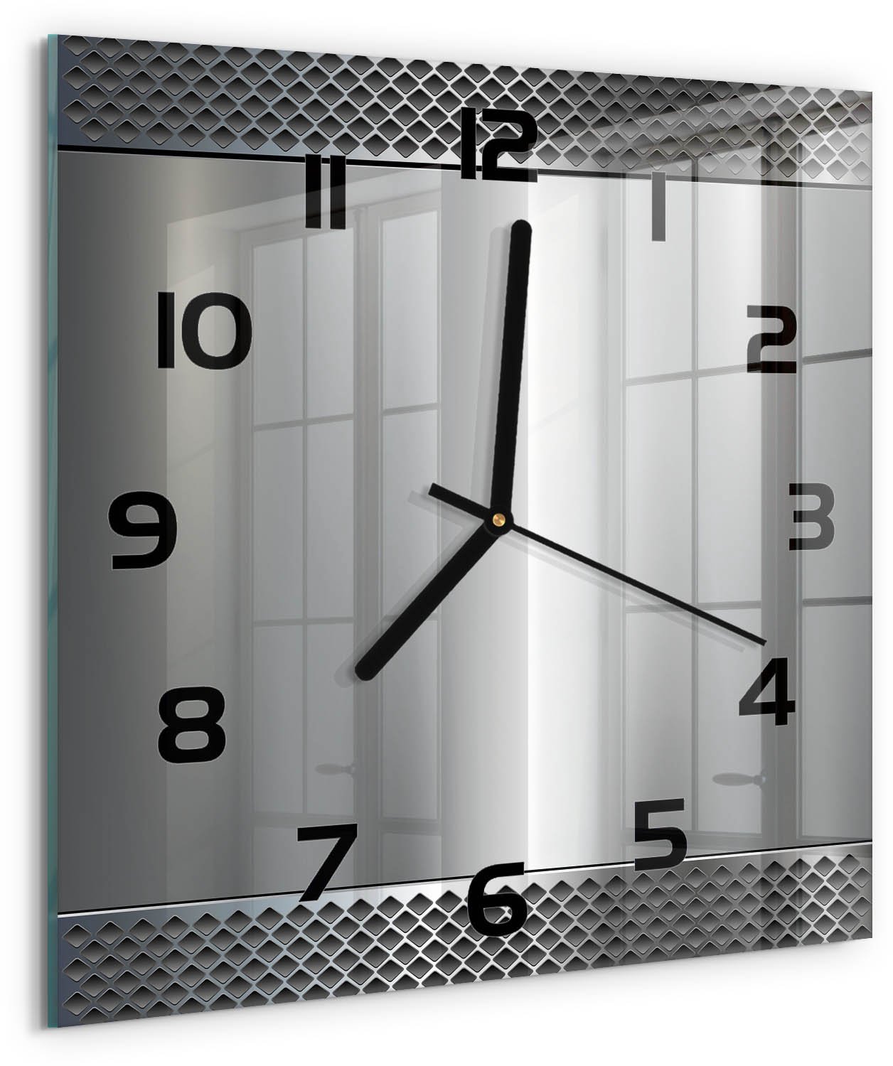 TULUP Wandklok - Metalen achtergrond Decoratieve Glazen Klok - 30x30 cm - Zilver Glazen Wandklok Design - Zwarte handen - Vierkante Klok - Glazen Klok Met Print - Wandklok Glas Met Motief