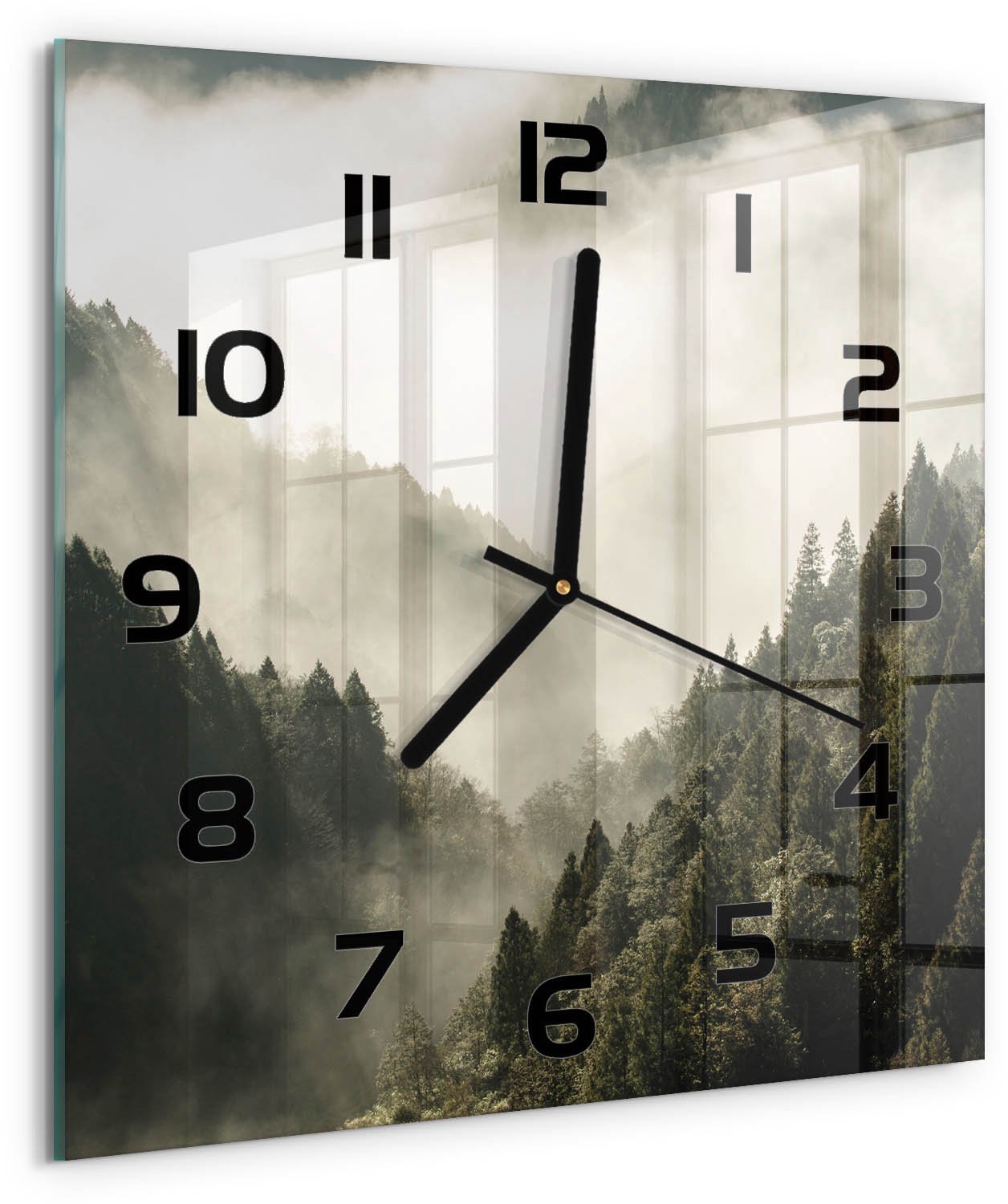TULUP Wandklok - Mist boven het bos Klok Glas Met Opdruk - 30x30 cm - Zwart-wit Moderne Wandklok Glas - Zwarte handen - Vierkante Klok - Decoratieve Glazen Klok - Glazen Wandklok Design
