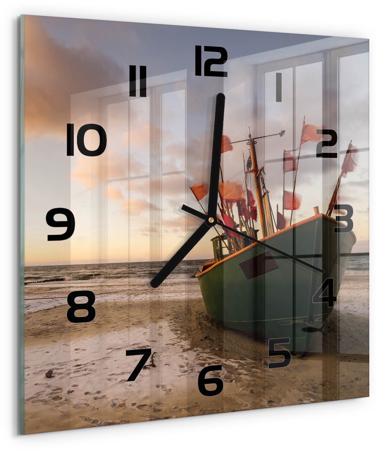 Tulup Wandklok - Strand met vissersboten Moderne Wandklok Glas - 30x30 cm - Groente Wandklok Glas Decoratie - Zwarte handen - Vierkante Klok - Glazen Wandklok Design - Klok Glas Met Opdruk