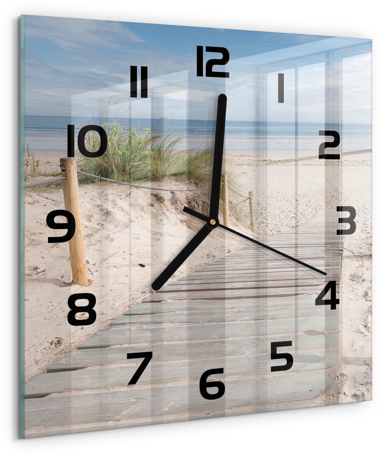 Tulup Wandklok - Strand Glazen Wandklok Design - 30x30 cm - Beige Klok Glas Met Opdruk - Zwarte handen - Vierkante Klok - Wandklok Glas Met Motief - Decoratieve Glazen Klok