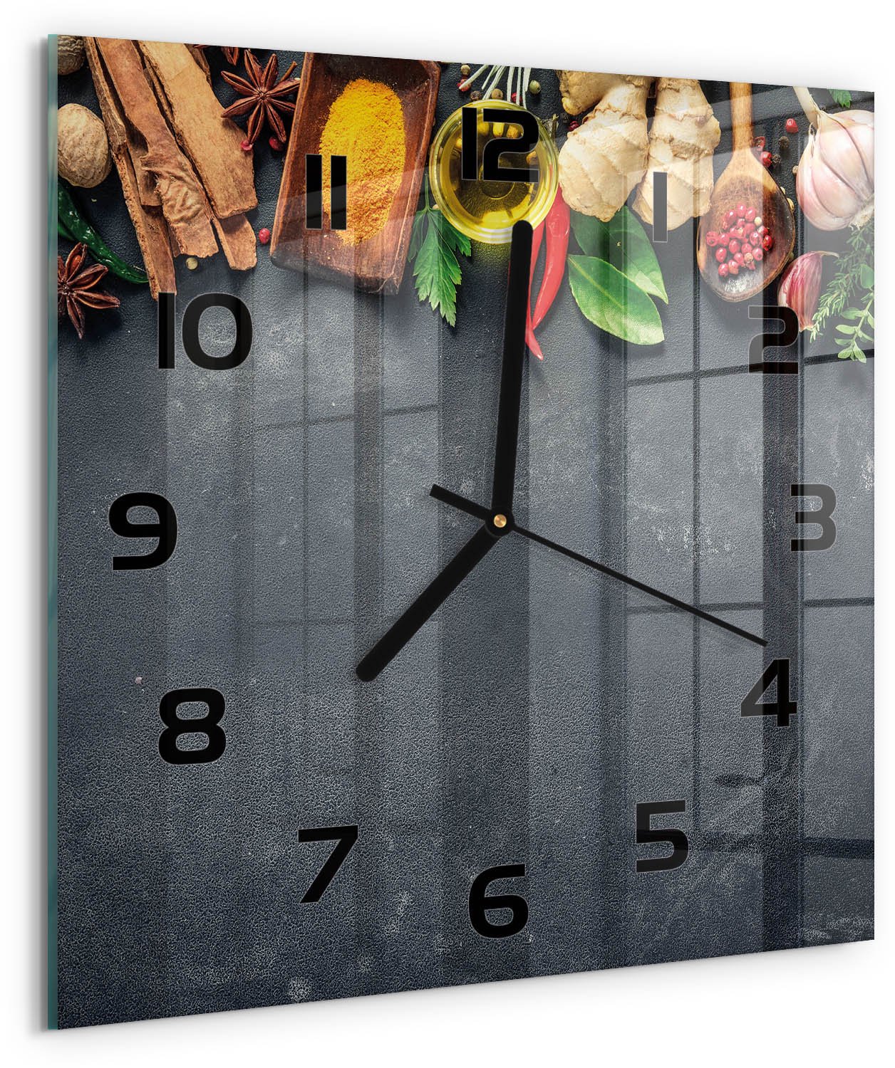 Tulup Wandklok - Kruiden en specerijen Decoratieve Glazen Klok - 30x30 cm - Veelkleurig Glazen Wandklok Design - Zwarte handen - Vierkante Klok - Glazen Klok Met Print - Wandklok Glas Met Motief