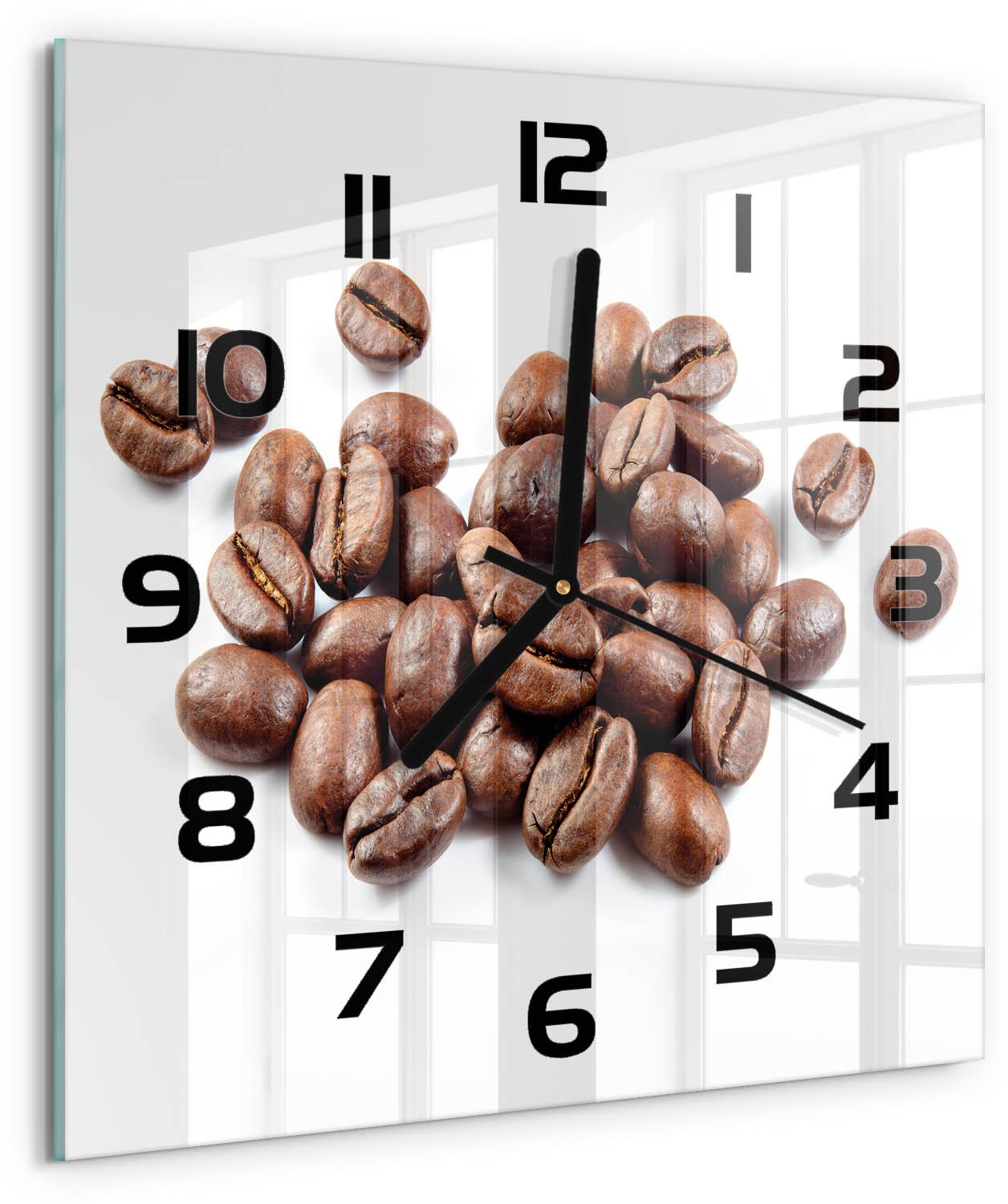 Tulup Wandklok - Koffiebonen Wandklok Glas Met Motief - 30x30 cm - Bruin Decoratieve Glazen Klok - Zwarte handen - Vierkante Klok - Gekleurde Glazen Klok - Glazen Klok Met Print