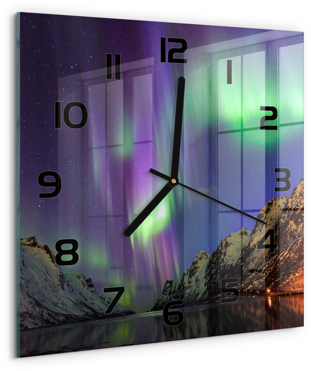 Tulup Wandklok - Noorderlicht Klok Glas Met Opdruk - 30x30 cm - Groente Moderne Wandklok Glas - Zwarte handen - Vierkante Klok - Decoratieve Glazen Klok - Glazen Wandklok Design