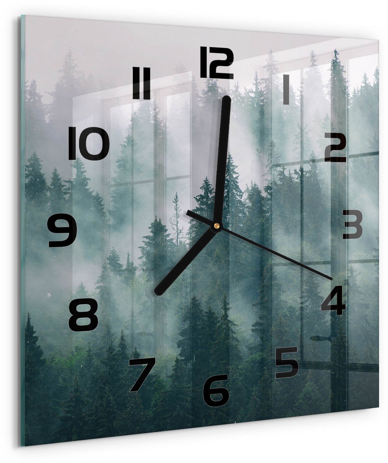 Tulup Wandklok - Mist boven het bos Wandklok Glas Decoratie - 30x30 cm - Grijs Gekleurde Glazen Klok - Zwarte handen - Vierkante Klok - Klok Glas Met Opdruk - Moderne Wandklok Glas
