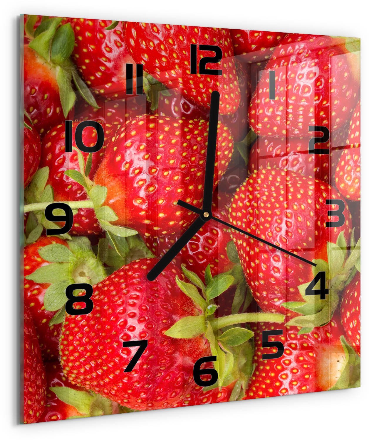 Tulup Wandklok - Aardbeien Moderne Wandklok Glas - 30x30 cm - Rood Wandklok Glas Decoratie - Zwarte handen - Vierkante Klok - Glazen Wandklok Design - Klok Glas Met Opdruk