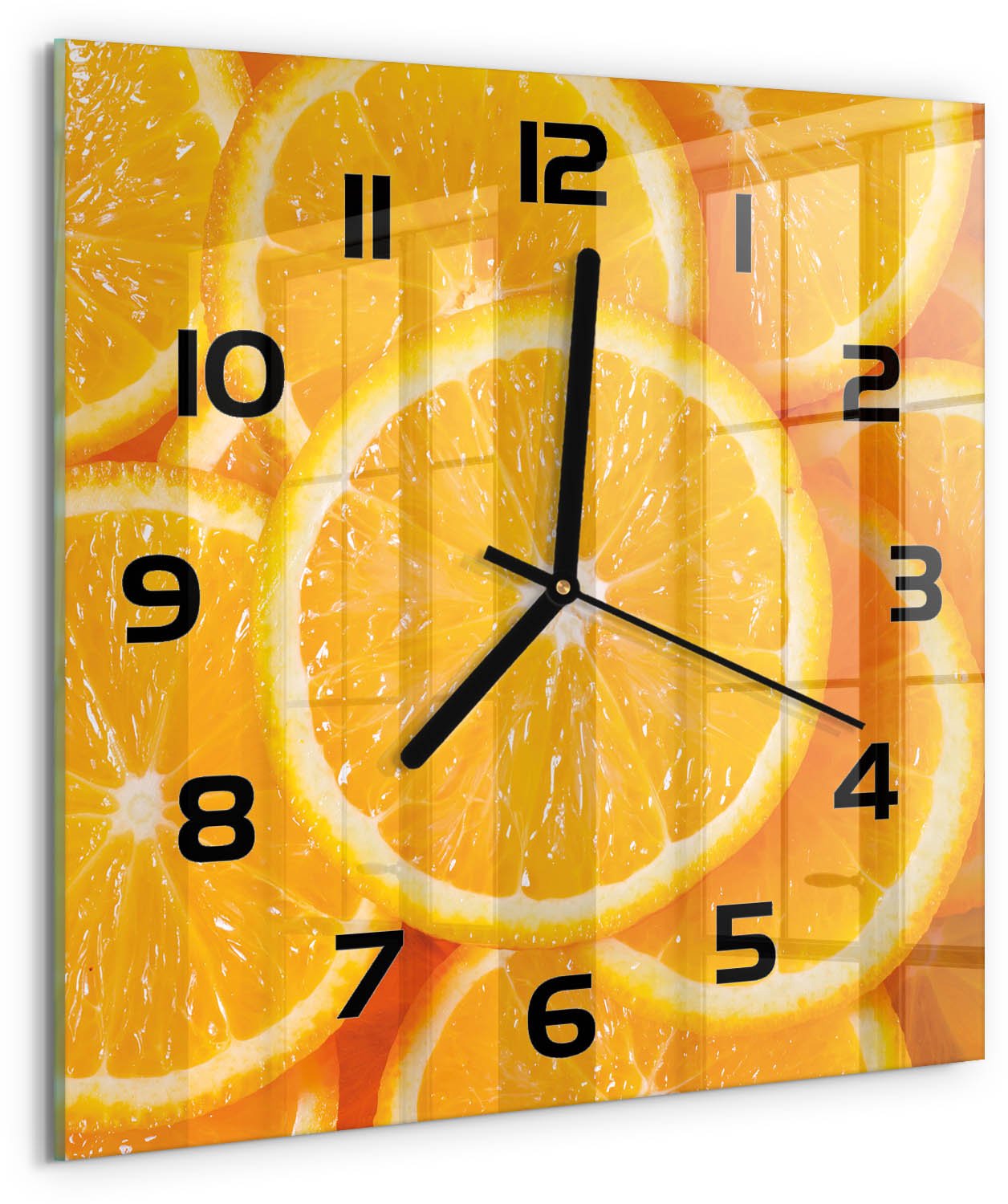 Tulup Wandklok - Sinaasappelschijfjes Moderne Wandklok Glas - 30x30 cm - Oranje Wandklok Glas Decoratie - Zwarte handen - Vierkante Klok - Glazen Wandklok Design - Klok Glas Met Opdruk