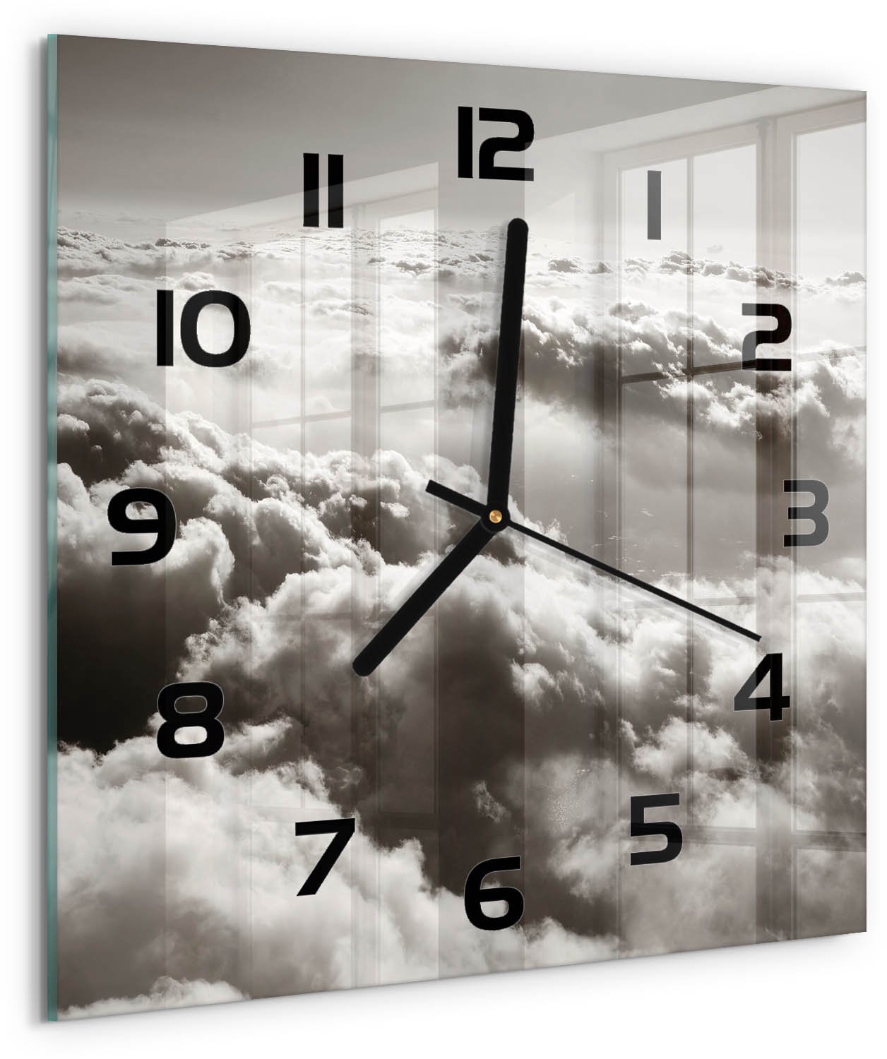 TULUP Wandklok - Wolken gezien vanuit vogelperspectief Wandklok Glas Met Motief - 30x30 cm - Zwart-wit Decoratieve Glazen Klok - Zwarte handen - Vierkante Klok - Gekleurde Glazen Klok - Glazen Klok Met Print