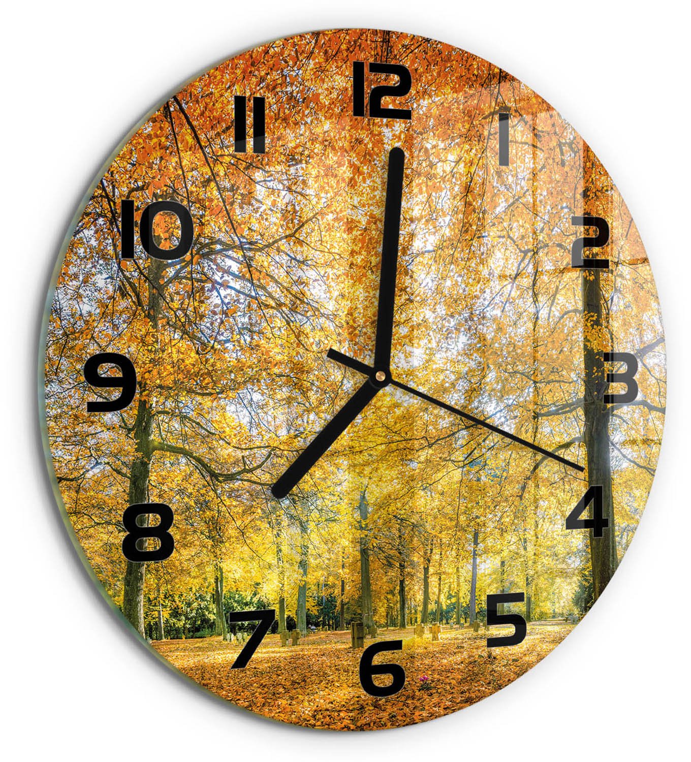 TULUP Wandklok - Herfstbos Klok Glas Met Opdruk - fi30 cm - Oranje Moderne Wandklok Glas - Zwarte handen - Ronde Klok - Decoratieve Glazen Klok - Glazen Wandklok Design