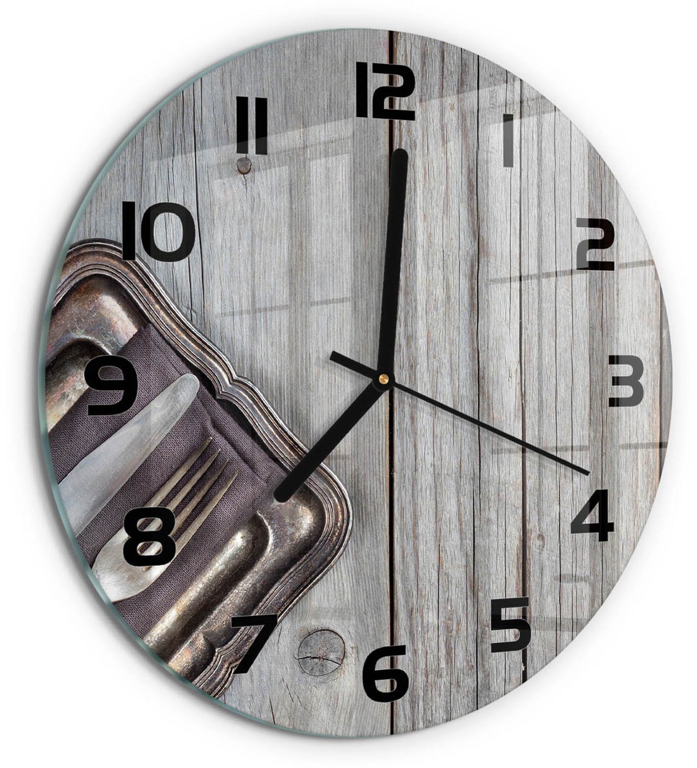 TULUP Wandklok - Bestek op snijplanken Wandklok Glas Decoratie - fi30 cm - Beige Gekleurde Glazen Klok - Zwarte handen - Ronde Klok - Klok Glas Met Opdruk - Moderne Wandklok Glas