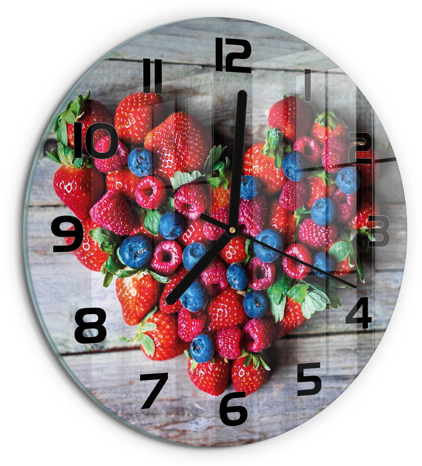 TULUP Wandklok - Hart van Fruit Gekleurde Glazen Klok - fi30 cm - Rood Glazen Klok Met Print - Zwarte handen - Ronde Klok - Moderne Wandklok Glas - Wandklok Glas Decoratie