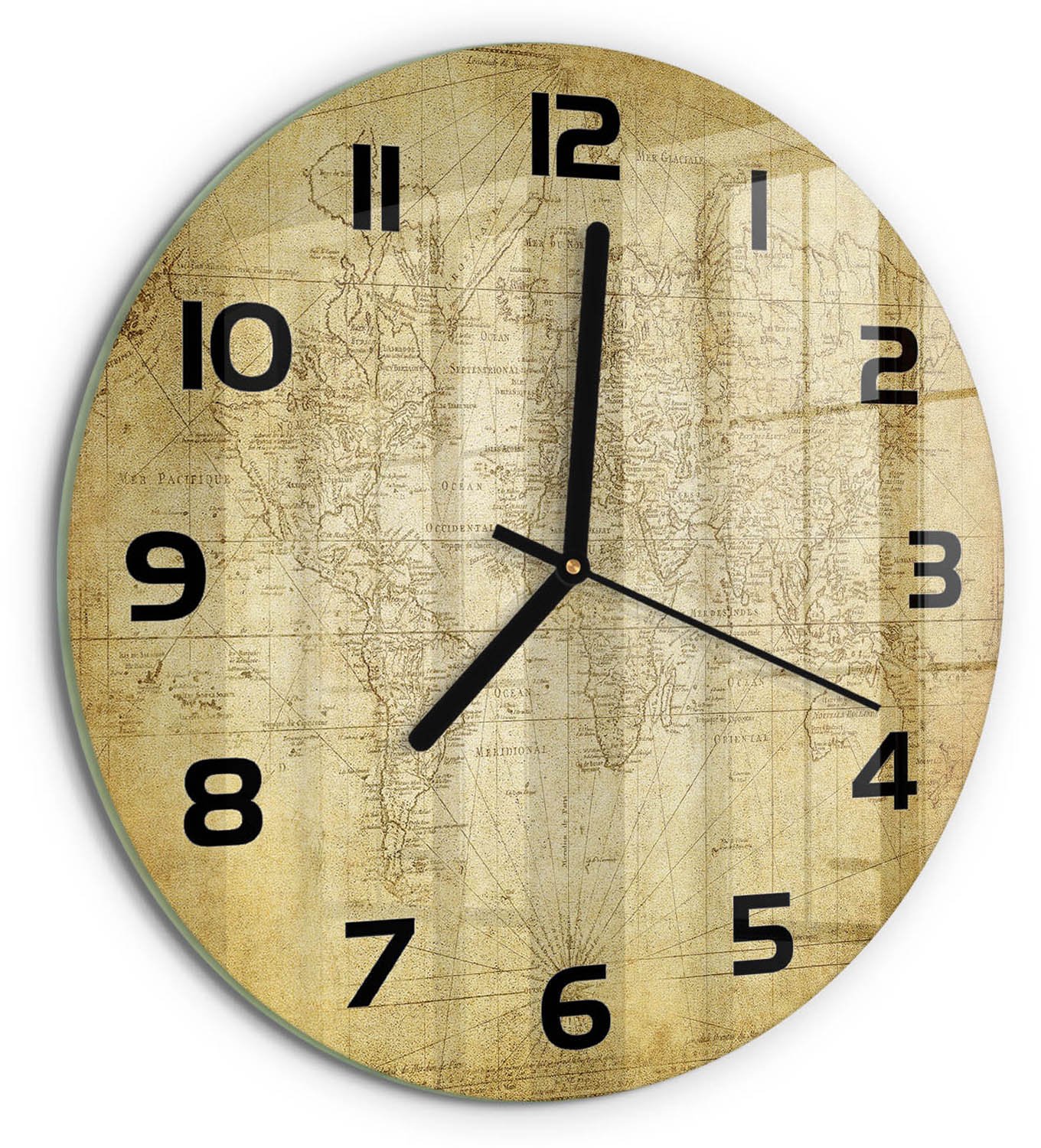 TULUP Wandklok - Oude wereldkaart Wandklok Glas Met Motief - fi30 cm - Beige Decoratieve Glazen Klok - Zwarte handen - Ronde Klok - Gekleurde Glazen Klok - Glazen Klok Met Print