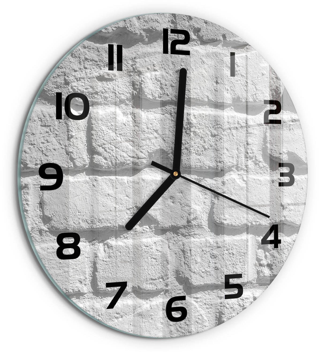 TULUP Wandklok - Bakstenen muur Klok Glas Met Opdruk - fi30 cm - Wit Moderne Wandklok Glas - Zwarte handen - Ronde Klok - Decoratieve Glazen Klok - Glazen Wandklok Design