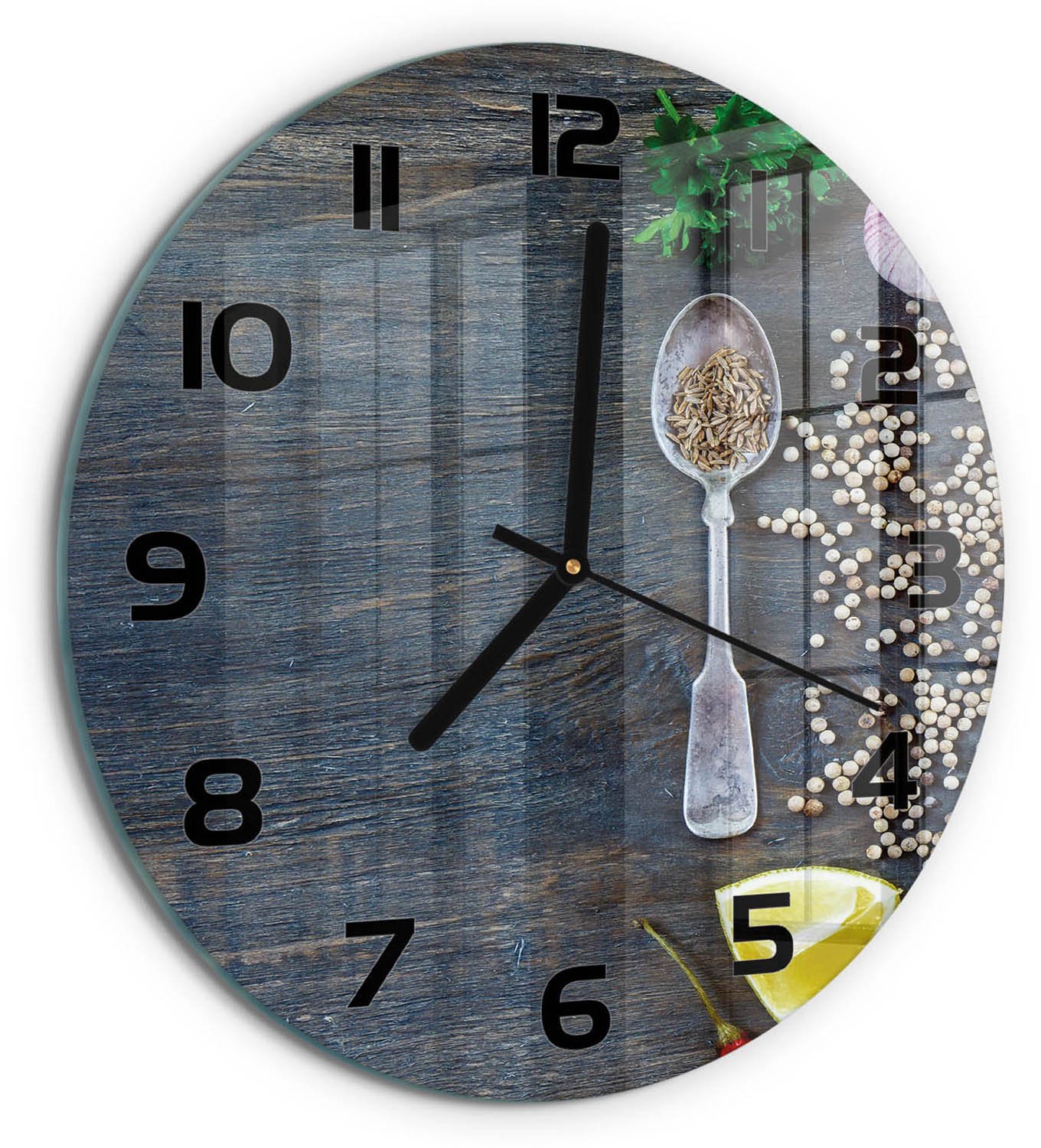 TULUP Wandklok - Specerijen en kruiden Gekleurde Glazen Klok - fi30 cm - Veelkleurig Glazen Klok Met Print - Zwarte handen - Ronde Klok - Moderne Wandklok Glas - Wandklok Glas Decoratie
