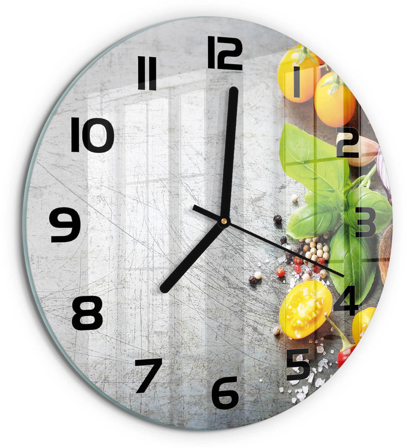 TULUP Wandklok - Groenten Wandklok Glas Decoratie - fi30 cm - Veelkleurig Gekleurde Glazen Klok - Zwarte handen - Ronde Klok - Klok Glas Met Opdruk - Moderne Wandklok Glas