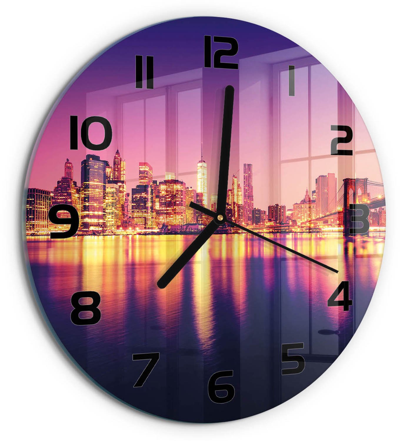 TULUP Wandklok - Manhattan, New York Wandklok Glas Decoratie - fi30 cm - Paars Gekleurde Glazen Klok - Zwarte handen - Ronde Klok - Klok Glas Met Opdruk - Moderne Wandklok Glas