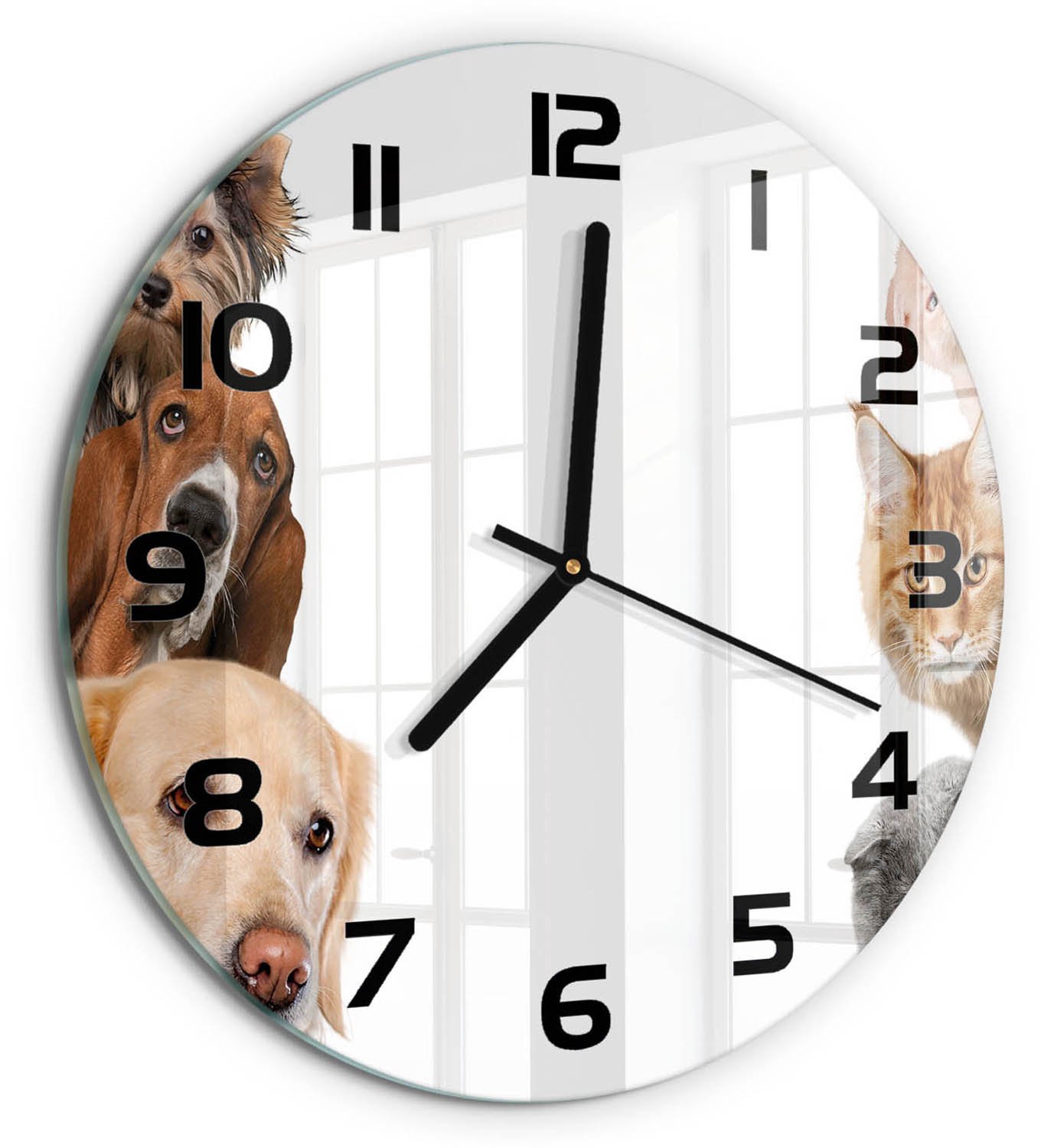 TULUP Wandklok - Honden en katten Glazen Wandklok Design - fi30 cm - Beige Klok Glas Met Opdruk - Zwarte handen - Ronde Klok - Wandklok Glas Met Motief - Decoratieve Glazen Klok