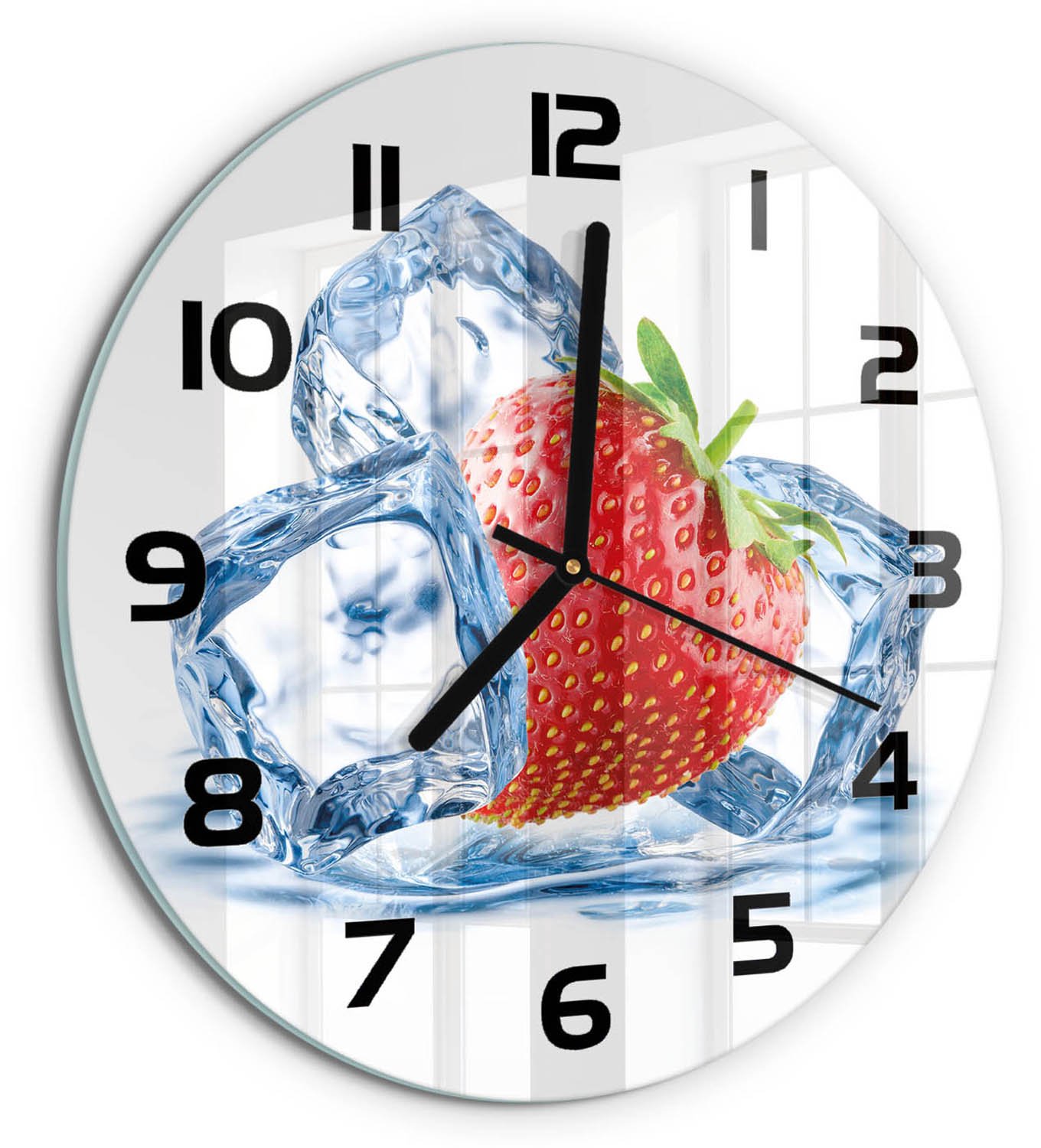 TULUP Wandklok - Aardbei met ijs Decoratieve Glazen Klok - fi30 cm - Rood Glazen Wandklok Design - Zwarte handen - Ronde Klok - Glazen Klok Met Print - Wandklok Glas Met Motief