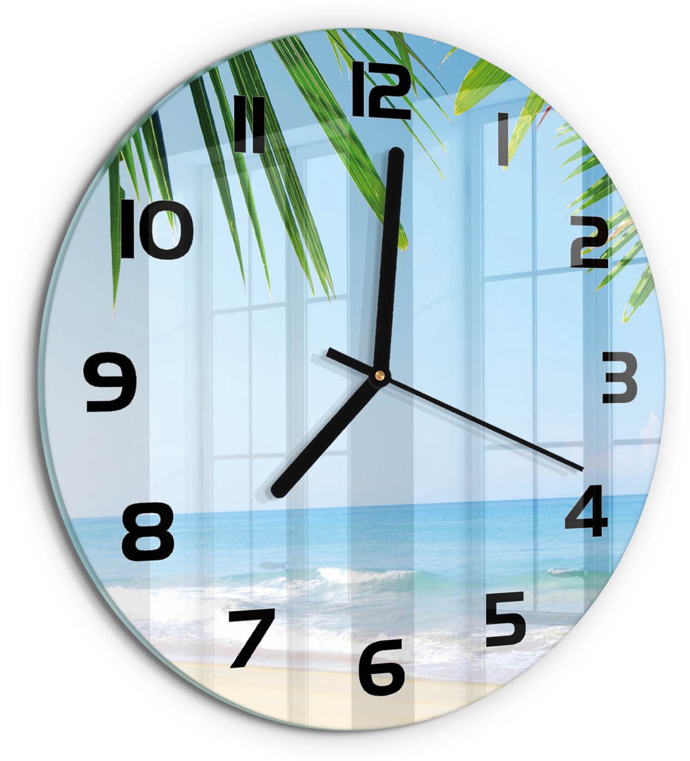 TULUP Wandklok - Tropisch strand Glazen Klok Met Print - fi30 cm - Groente Wandklok Glas Met Motief - Zwarte handen - Ronde Klok - Wandklok Glas Decoratie - Gekleurde Glazen Klok