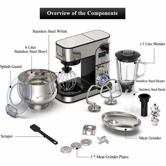 Swiss Haus® KM2206BG Keukenmachine 1300W - 6L RVS Mengkom - Keukenrobot met Blender 1.5L & Vleesmolen - Foodprocessor met Timer & LED Display - 6 Snelheden + Pulse - RVS van Merkloos — afbeelding 4