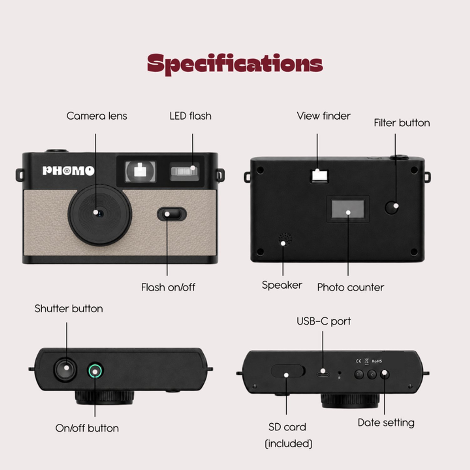 Phomo Digitale Retro Camera -Compact Camera - 8MP - 4 Retrofilters - Flits - SD-kaart - USB-C - Taupe thumbnail 3