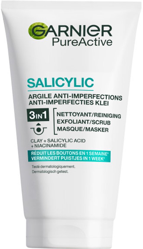 Garnier PureActive tube met Salicylzuur en Niacinamide voor puistjes en onzuiverheden. Met 3-in-1 reiniging, scrub en masker.