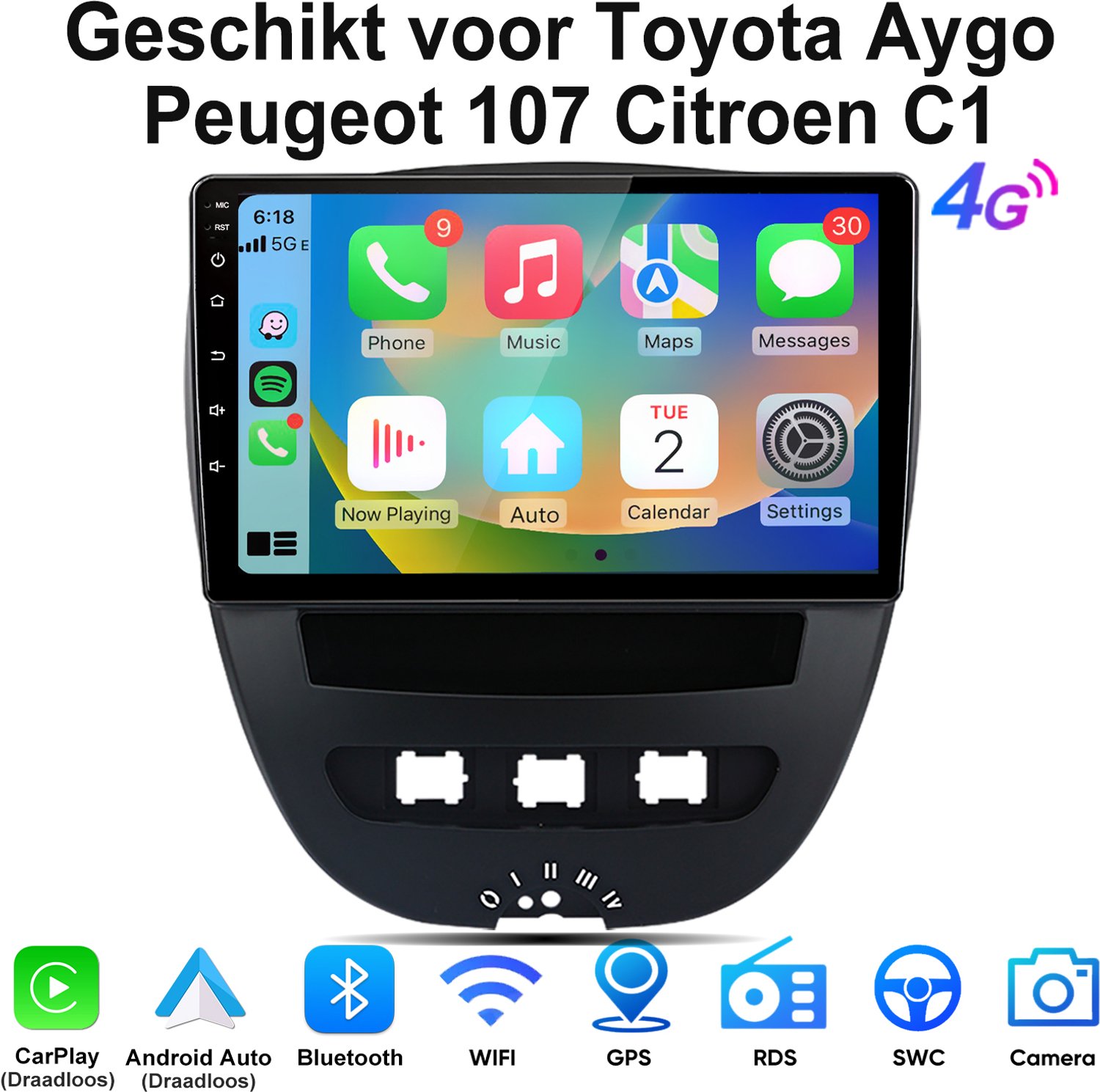 Junsun Android 15 Autoradio Geschikt voor Peugeot 107 Citroen C1 Toyota Aygo Accessoires - 6GB+128GB - Draadloze CarPlay & Andriod Auto - GPS-navigatiesysteem - Bluetooth - Stuurwielbediening - WiFi - 10 Inch Touchscreen - 4G - DSP - FM - USB