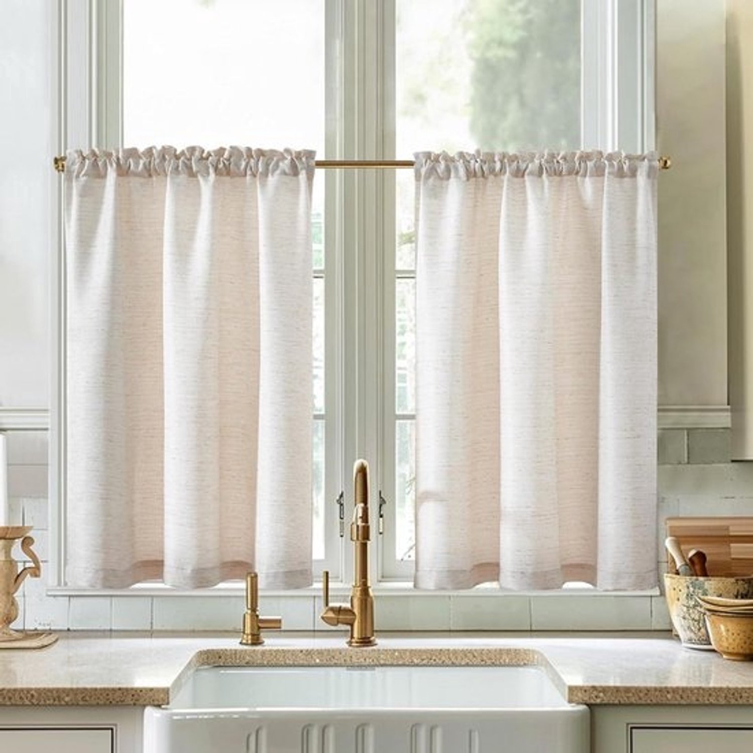 Vitrage Gordijnen - Keukengordijnen - Keuken Decoratie - Jacquard Linnenlook - 90 x 90 cm - Beige