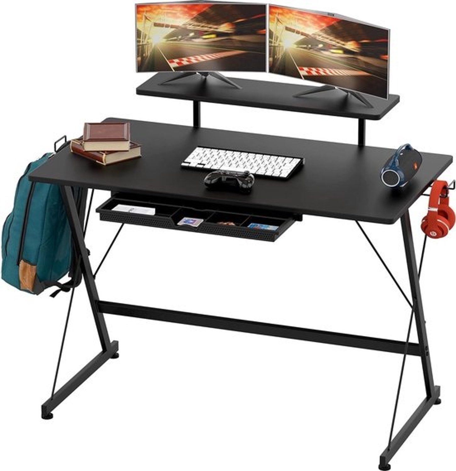 Gaming Bureau - Computer Tafel - Thuiswerken Kantoor - Met Monitorplank Lade Haken - 40 Inch - Zwart Hout