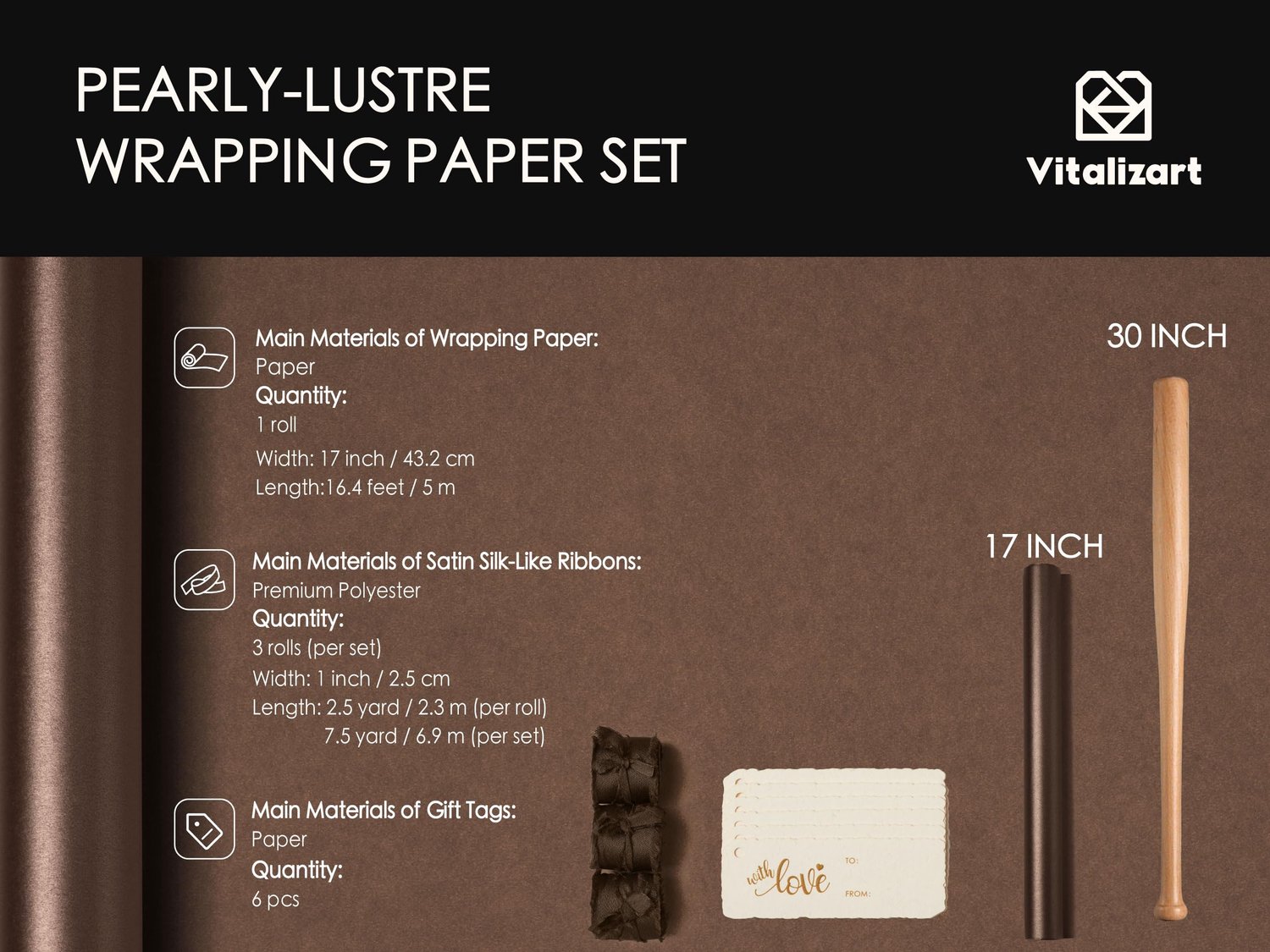 Vitalizart 43 cm x 5 m bruin cadeaupapier, parelglans met bruin cadeaulint en cadeaulabels, recyclebaar, cadeaupapierrol voor Kerstmis, verjaardag, br
