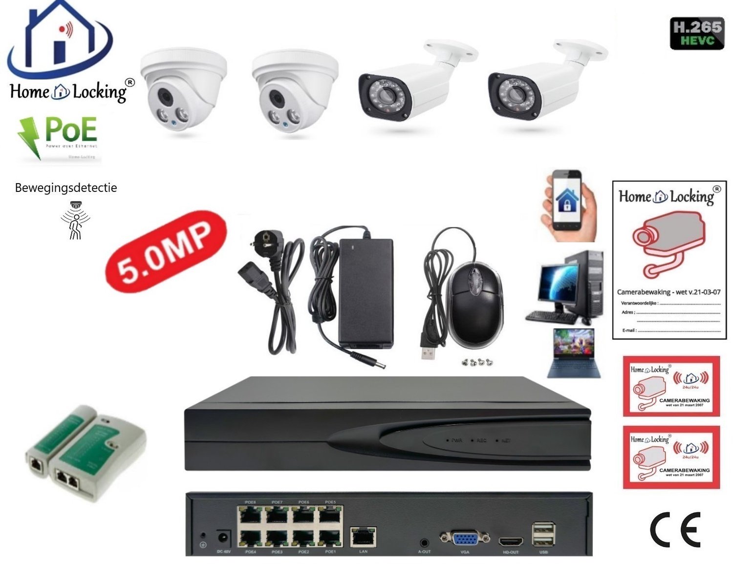 Home-Locking camerasysteem met bewegingsdetectie en NVR 8ch 8.0MP H265 POE met 2 dome en 2 bullet camera's 5.0MP CS-4-1527