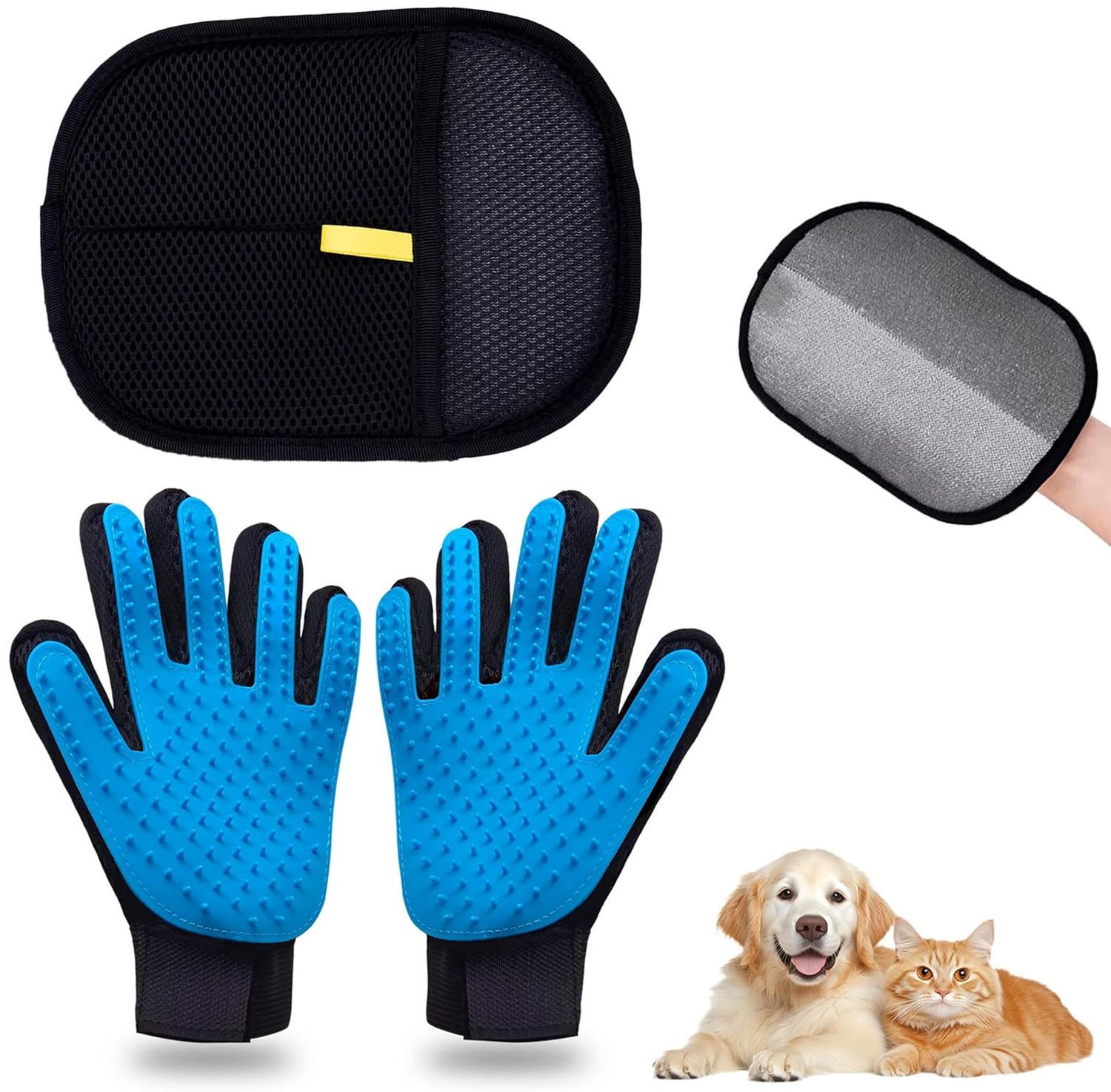 Huisdierhandschoenen 3 Stuks Set – Statische Haarverwijderaar, Dikke en Lichte Versie, Blauw, Droog en Nat Gebruik – Anti-Pluis Handschoen voor Kledin
