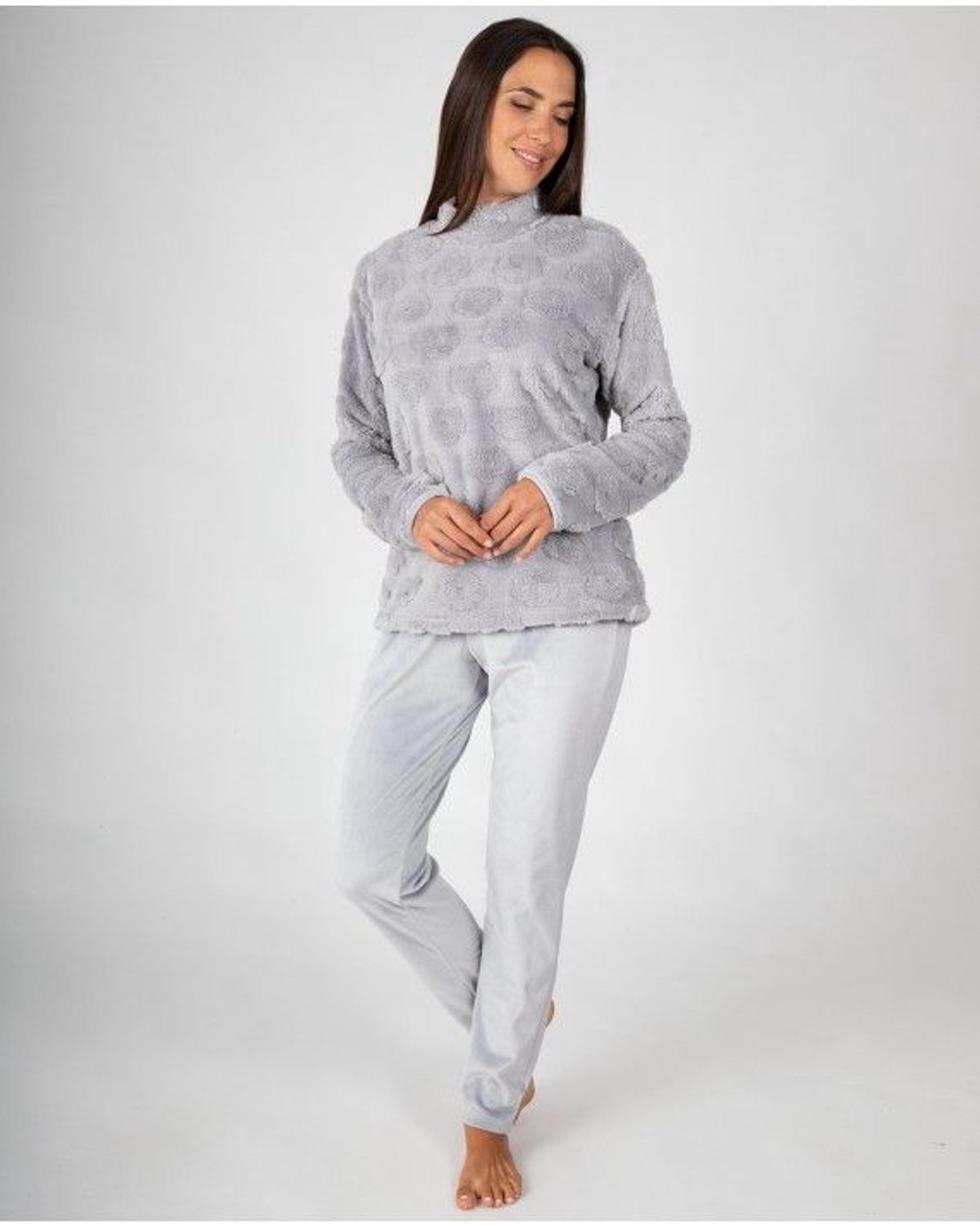 Massana Dames Pyjama P761243 – Warme Fleece Pyjama – Bloemenreliëf – Grijs – 100% Polyester