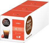 Verpakking Nescafé Dolce Gusto Lungo capsules met een glas koffie en één capsule. Intensiteit 6.