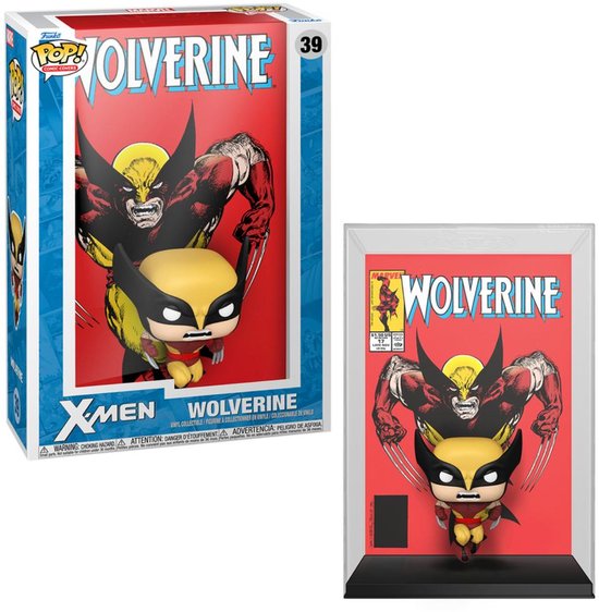 Funko Pop Wolverine figuur met gele helm en rode outfit, naast de doos met comic art.