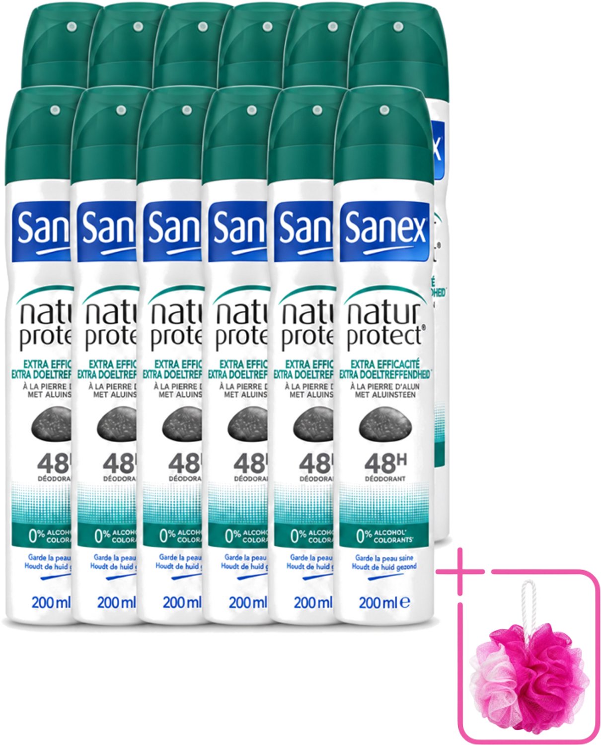 12 x Sanex – Deodorant Spray – Aluinsteen – 200 ml - Bulkverpakking - Deodorant spray - Douchemop - Natuurlijke deodorant