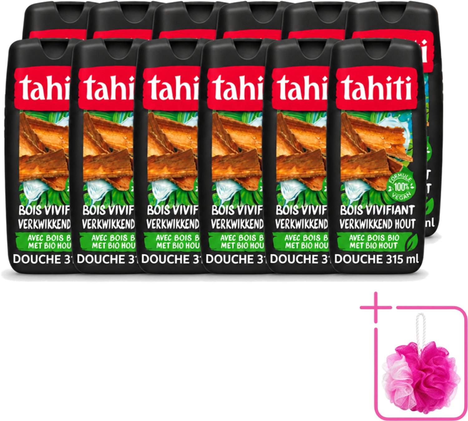12 x Tahiti – Douchegel – Tropenhout Vegan - 315 ml - Bulkverpakking - Douchegel tropisch hout - Douchemop - Vegan douchegel