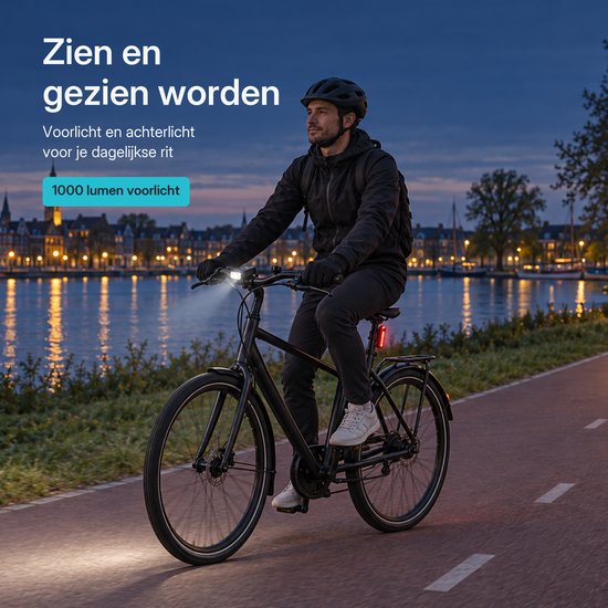 Tech Essentials Fietsverlichting Set - Fietslamp Voorlicht en Achterlicht - USB Oplaadbaar - 1000 Lumen - 6 Standen - Fietslampjes — afbeelding 2