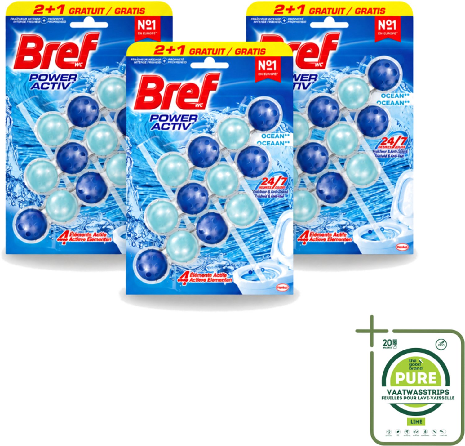 3 x Bref – Toiletblok – Power Aktiv Ocean – Multipack - Grootverpakking - Vaatwasstrips - Toiletblok Multipack - Anti-kalk Toiletblok - Frisse Toiletgeur - Krachtige Reiniging - Ocean Geur