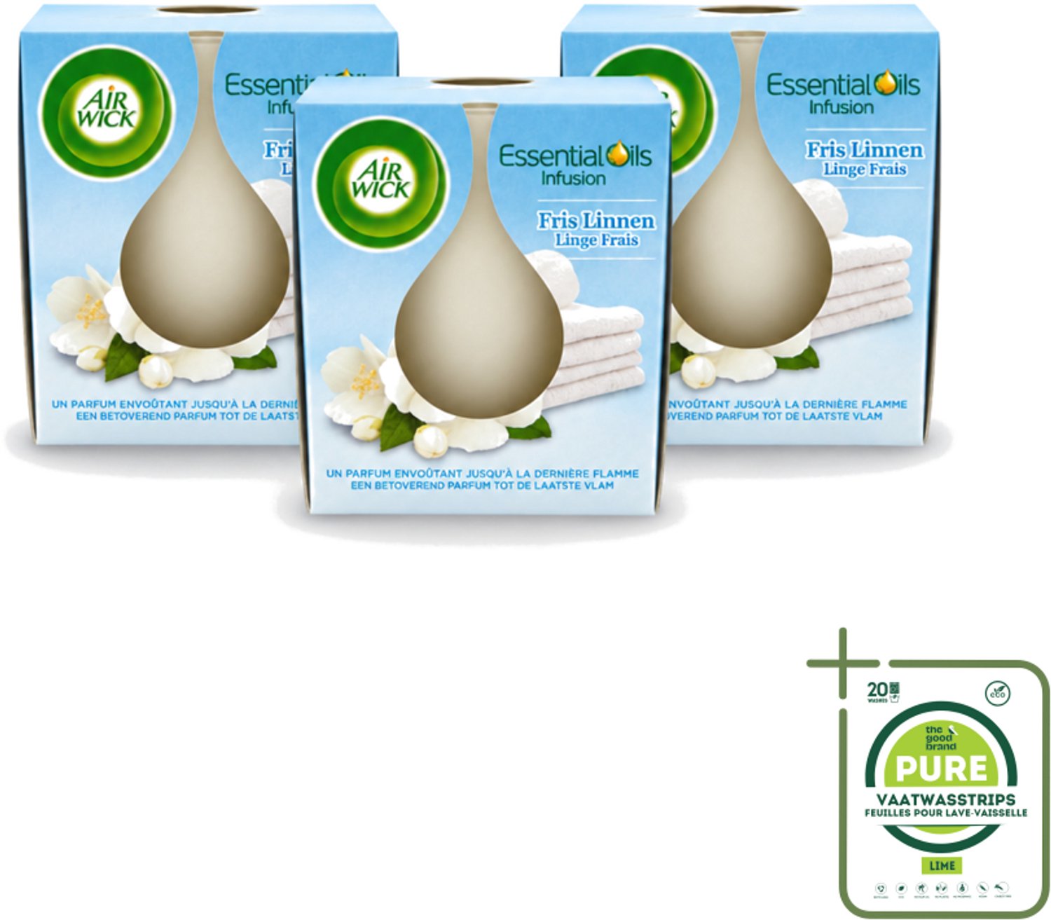 Air Wick 3 x Air Wick – Geurkaars – Fris Linnen met Essentiële Oliën – 105 g - Grootverpakking - Vaatwasstrips - Geurkaars - Fris Linnen - Essentiële Oliën - Sfeer In Huis - Warme Sfeer Wit