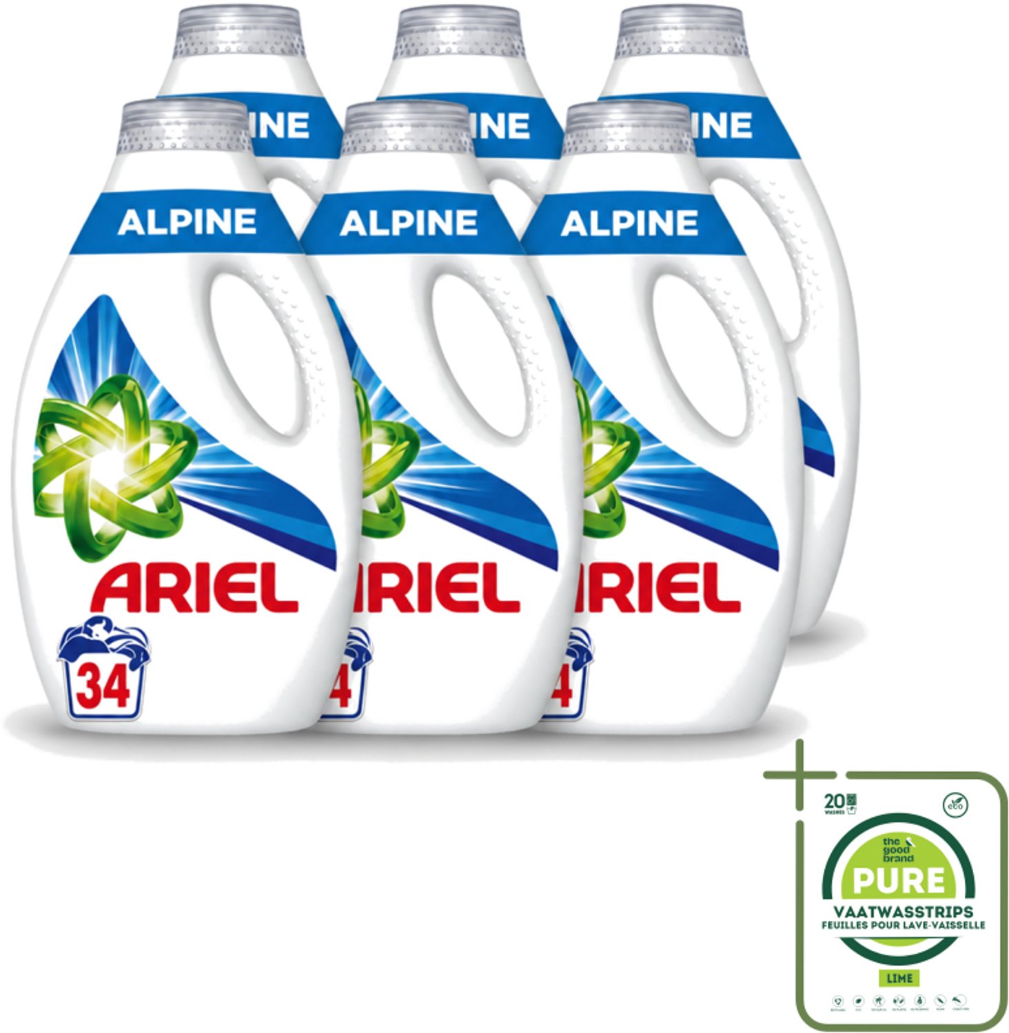 6 x Ariel – Vloeibaar Wasmiddel – Alpine – 1530 ml – 34 wasbeurten - Grootverpakking - Vaatwasstrips - Ariel Alpine - Vloeibaar Wasmiddel - Koud Wassen - Frisse Geur - Energiezuinig Wasmiddel