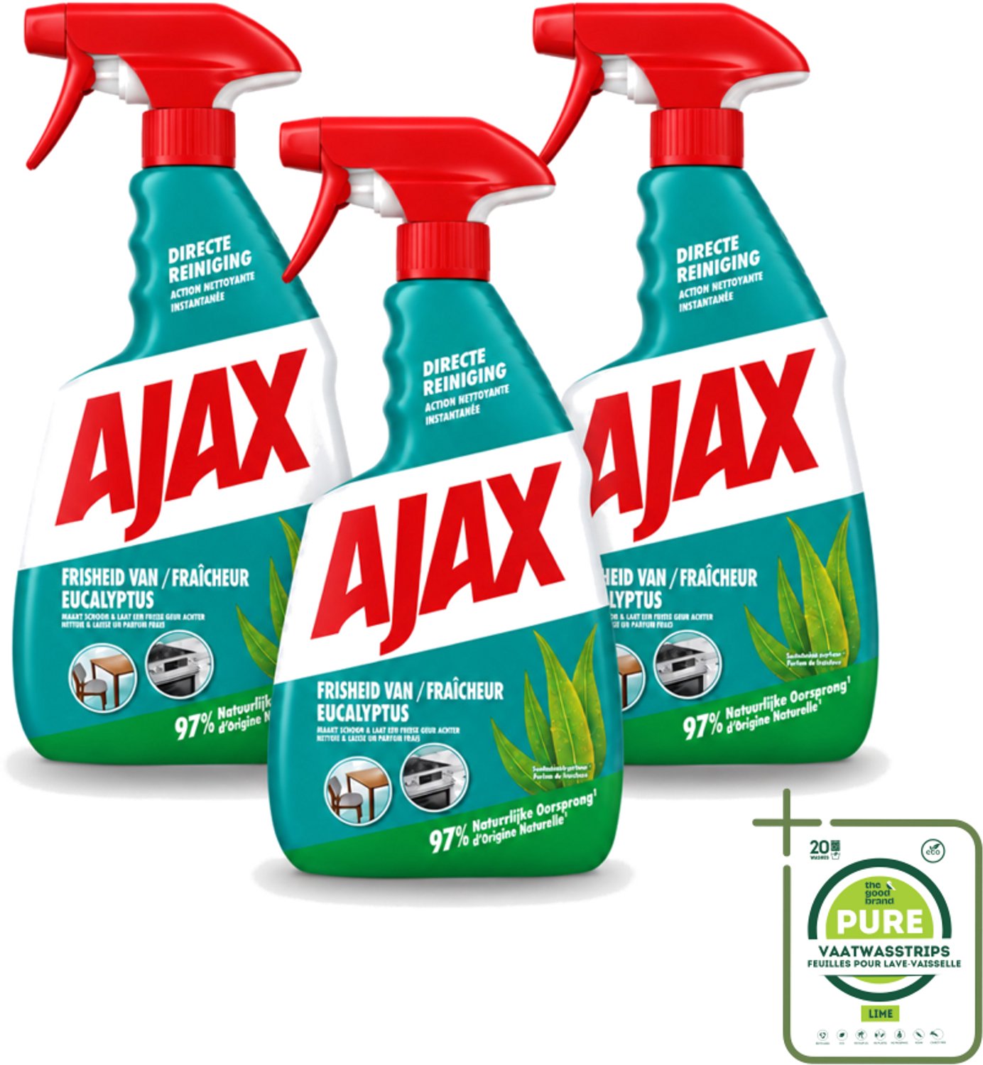 3 x Ajax – Multi-Purpose Spray – Eucalyptus – 750 ml - Grootverpakking - Vaatwasstrips - Schoonmaak Spray - Eucalyptus Reiniger - Allesreiniger - Krachtige Reiniger - Multi-purpose Spray