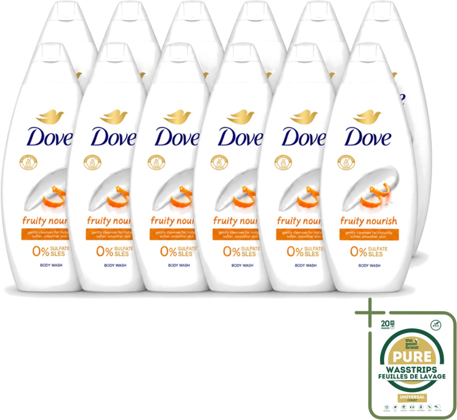 12 x Dove Fruity Nourish - Douchegel - Sulfaatvrij - 250 ml - Wasstrips - Douchegel - Voedende Douchegel - Sulfaatvrije Douchegel - Fruitige Douchegel - Huidverzorging