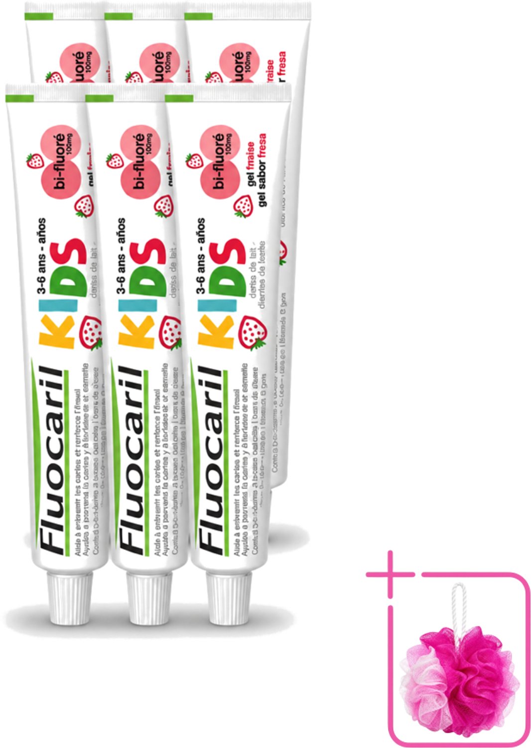 6 x Fluocaril Kids - Bi-Fluoride - Tandpasta - Met Aardbeiensmaak - 3 tot 6 jaar - 50 ml - Bulkverpakking - Tandpasta voor kinderen - Douchemop - Melktanden beschermen