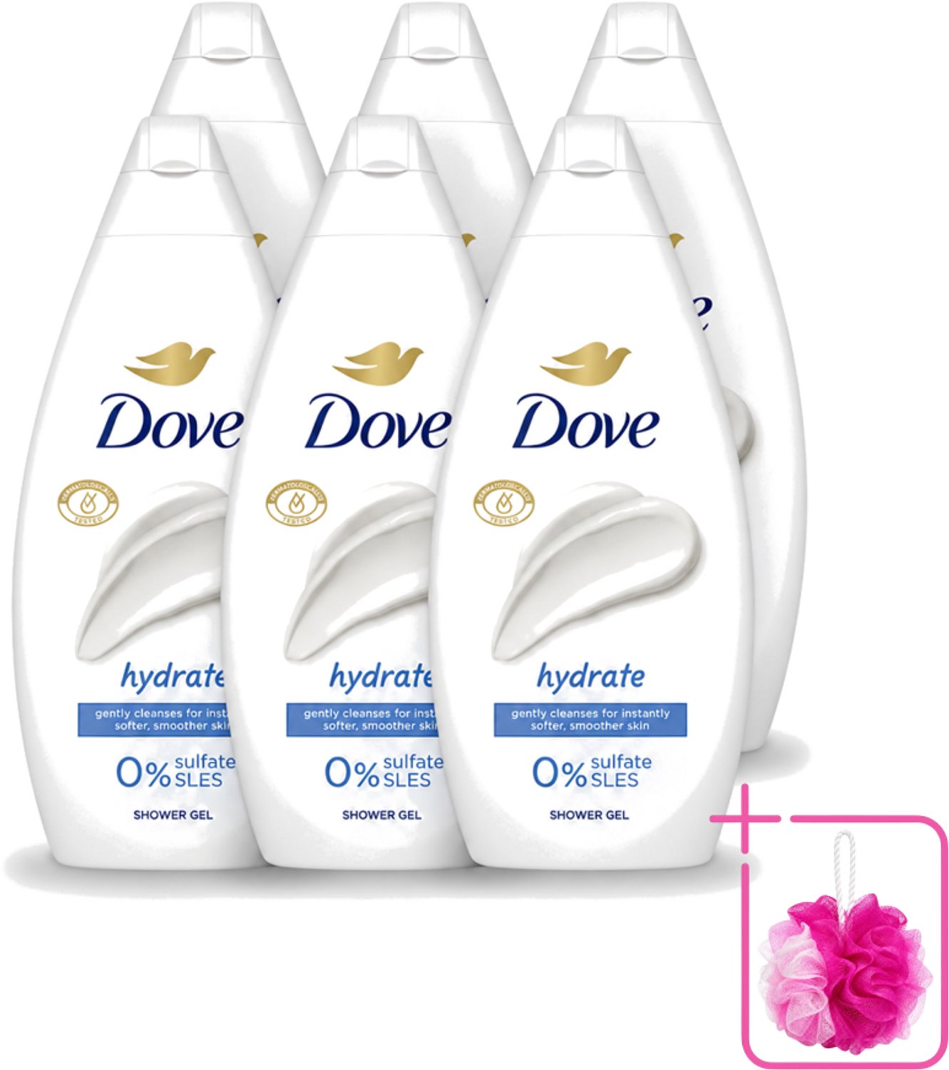 6 x Dove Hydrate - Douchegel - Sulfaatvrij - 250 ml - Bulkverpakking - Hydraterende douchegel - Douchemop - Sulfaatvrije douchegel