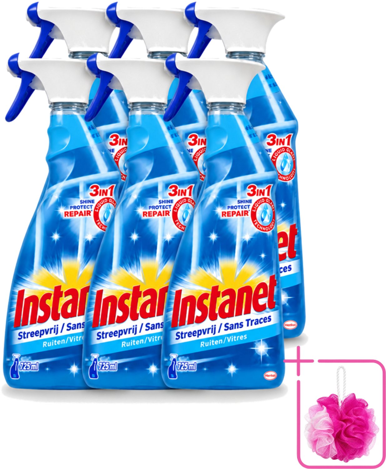 6 x Instanet - Ruitenreiniger - Streepvrij - 3in1 Spray - 725 ml - Bulkverpakking - Ruitenreiniger - Douchemop - Streepvrije ruiten