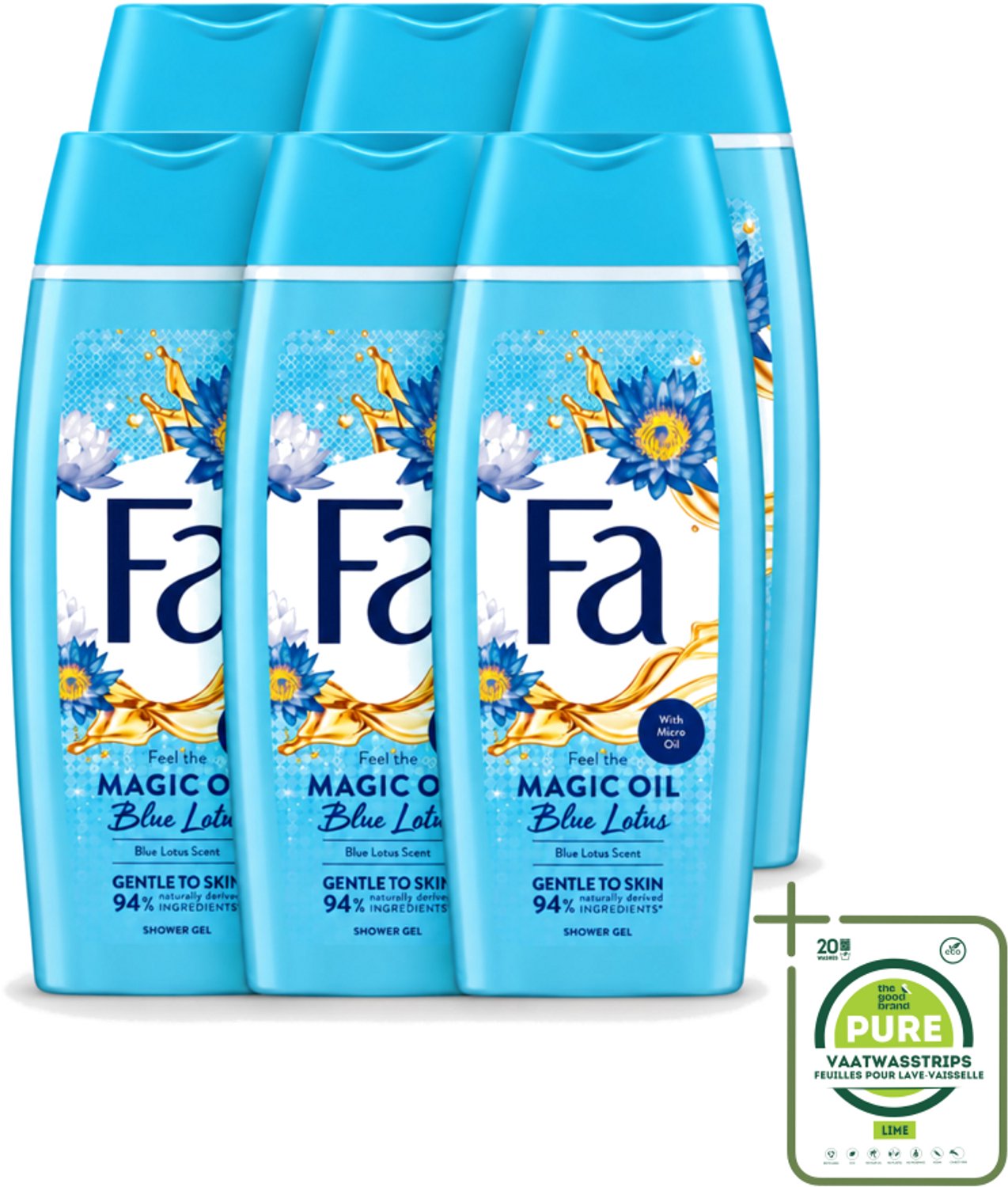 6 x Fa - Douchegel - Magische Olie - Blue Lotus Geur - 250 ml - Grootverpakking - Vaatwasstrips - Douchegel - Hydratatie - Huidverzorging - Zijdezachte Huid - Frisse Geur